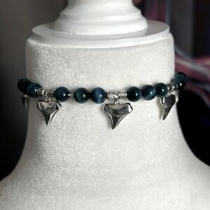 Shark Tooth Anklet | Blue and Silver Stretch HANDCRAFTED